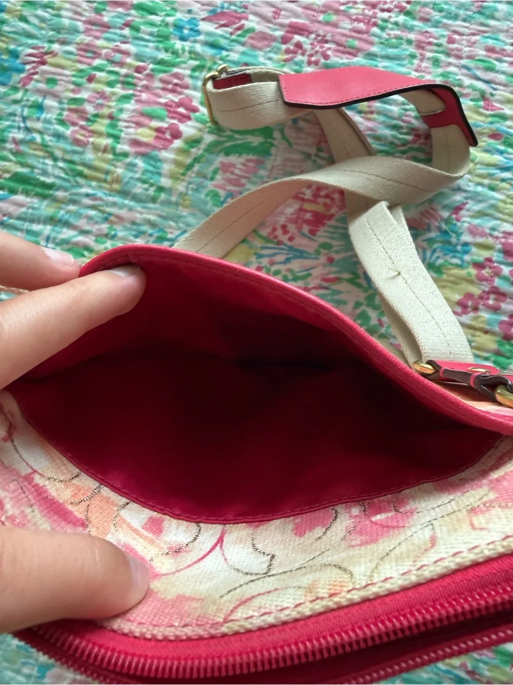 Coach Pink Floral Canvas Crossbody with Cream Strap